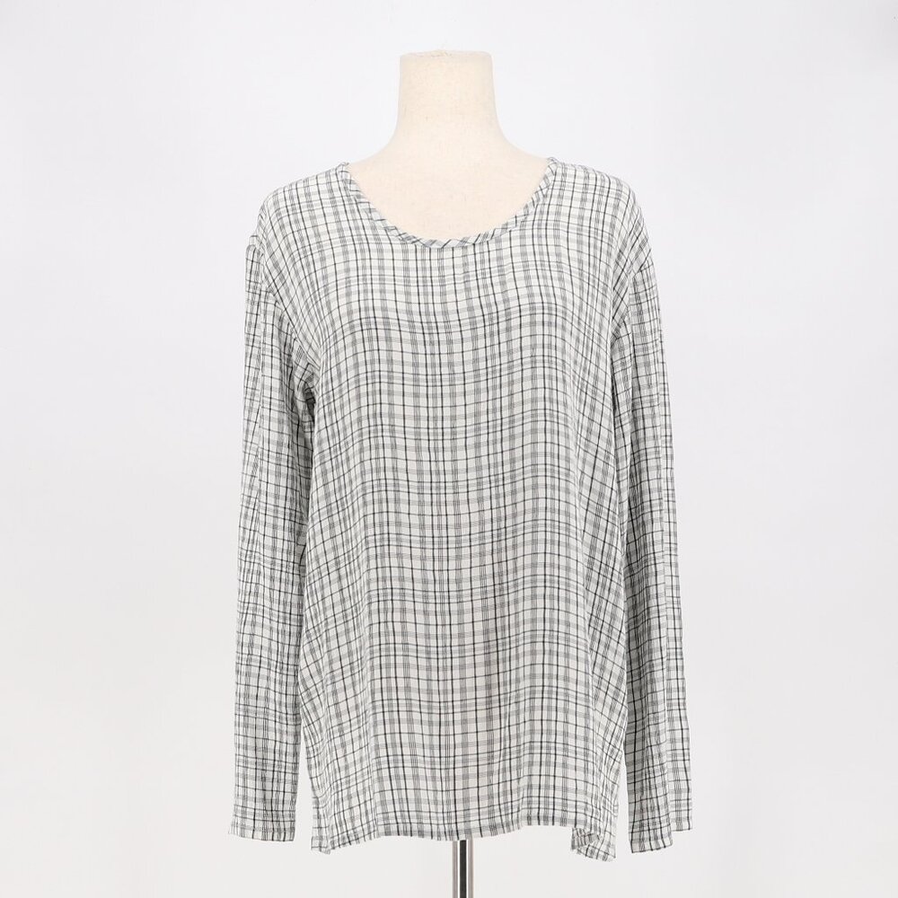 FLAX Black White Plaid Long Sleeve Scoop Neck Rayon Blouse Top Size M